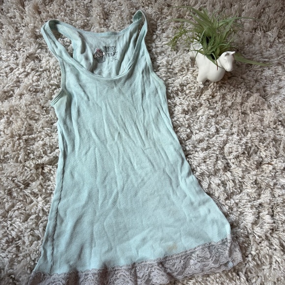 Tops - Chic Mint Green Tank Y2K 2000 vintage wear vintage tank top with Lace Hem green